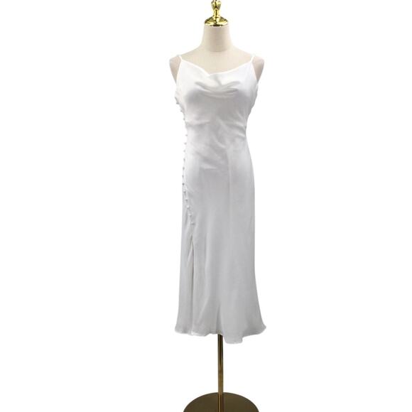 LULU'S SZ M Slinking Out Loud White Satin Side Button Slip Midi Dress NEW B85 - Picture 3 of 11
